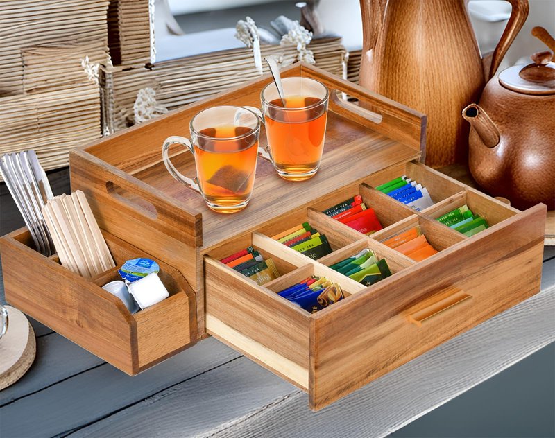 Balaipor Acacia Wood Tea Bag Organizer, Wooden Tea Bag Storage Box Holder with Drawer for Kitchen Office Tea Bar Countertop
