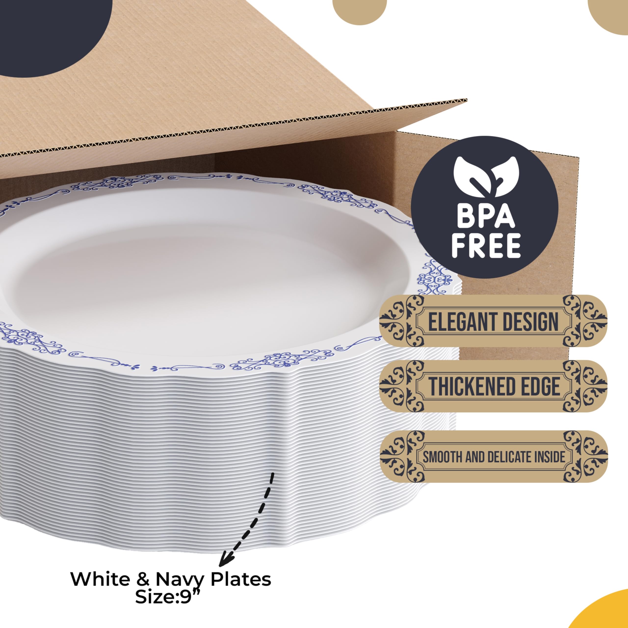 Exquisite Victorian Plastic Plates - 60 Piece Disposable Party Set for 60 Guests - 60 x 9 inch Dessert Plates - Heavy Duty White & Navy