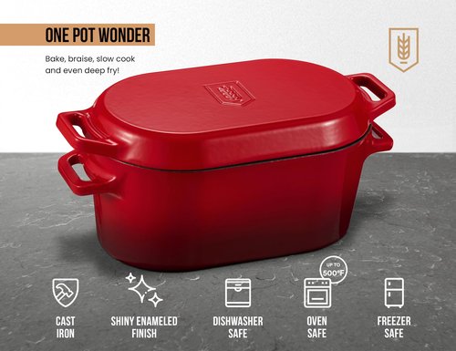 KooK Enameled Cast Iron Dutch Oven for Sourdough Bread Baking - 3.4 Qt Pot with Lid for Even Heat Distribution - Includes Silicon Bread Sling and Recipe Book for Home Bakers