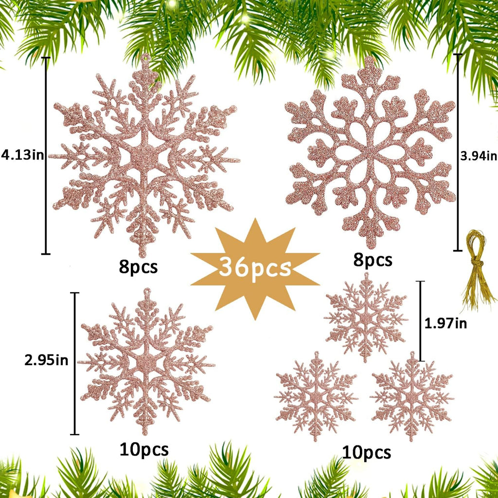 Regine Switzerland 36pcs Christmas Rose Gold Snowflake Ornaments - Glittery Winter Tree Decor