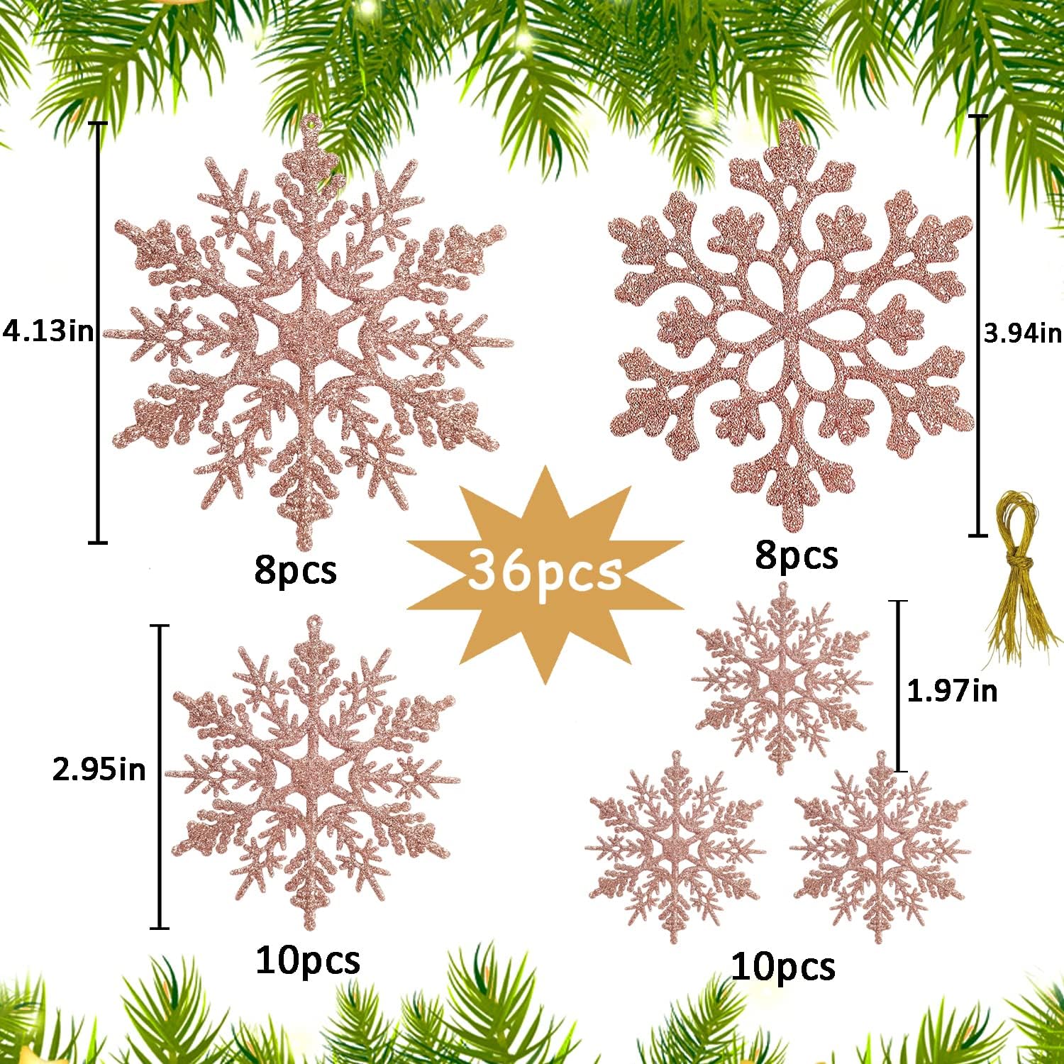 Regine Switzerland 36pcs Christmas Rose Gold Snowflake Ornaments - Glittery Winter Tree Decor