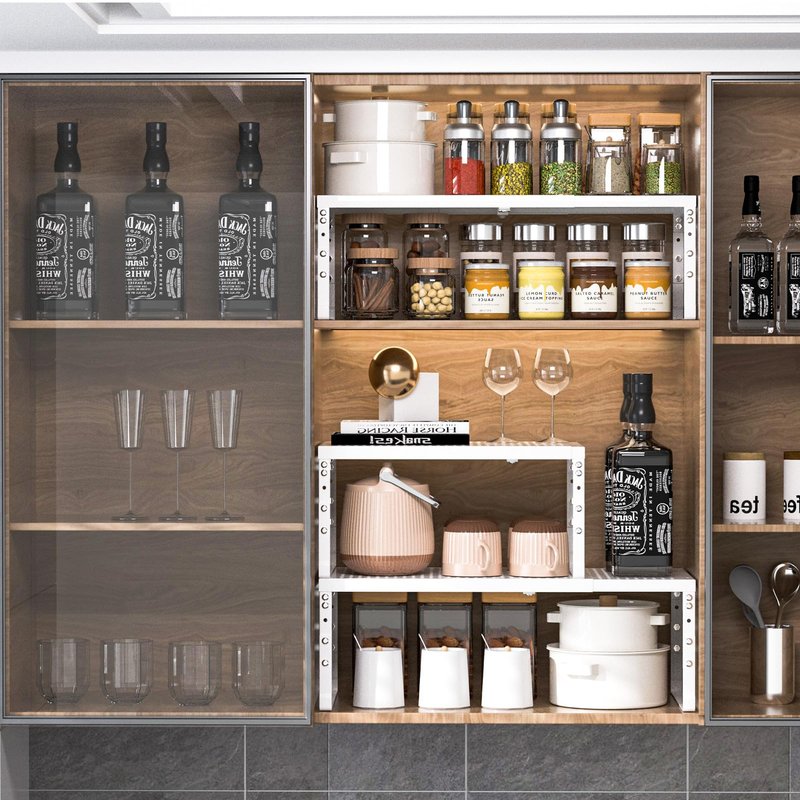 Ipotive Expandable Adjustable Stackable Kitchen Organizer,Pantry Storage Shelves Racks,for cabinets Shelf, Kitchens, countertops, bathrooms,RV(2Packs/White,Medium)