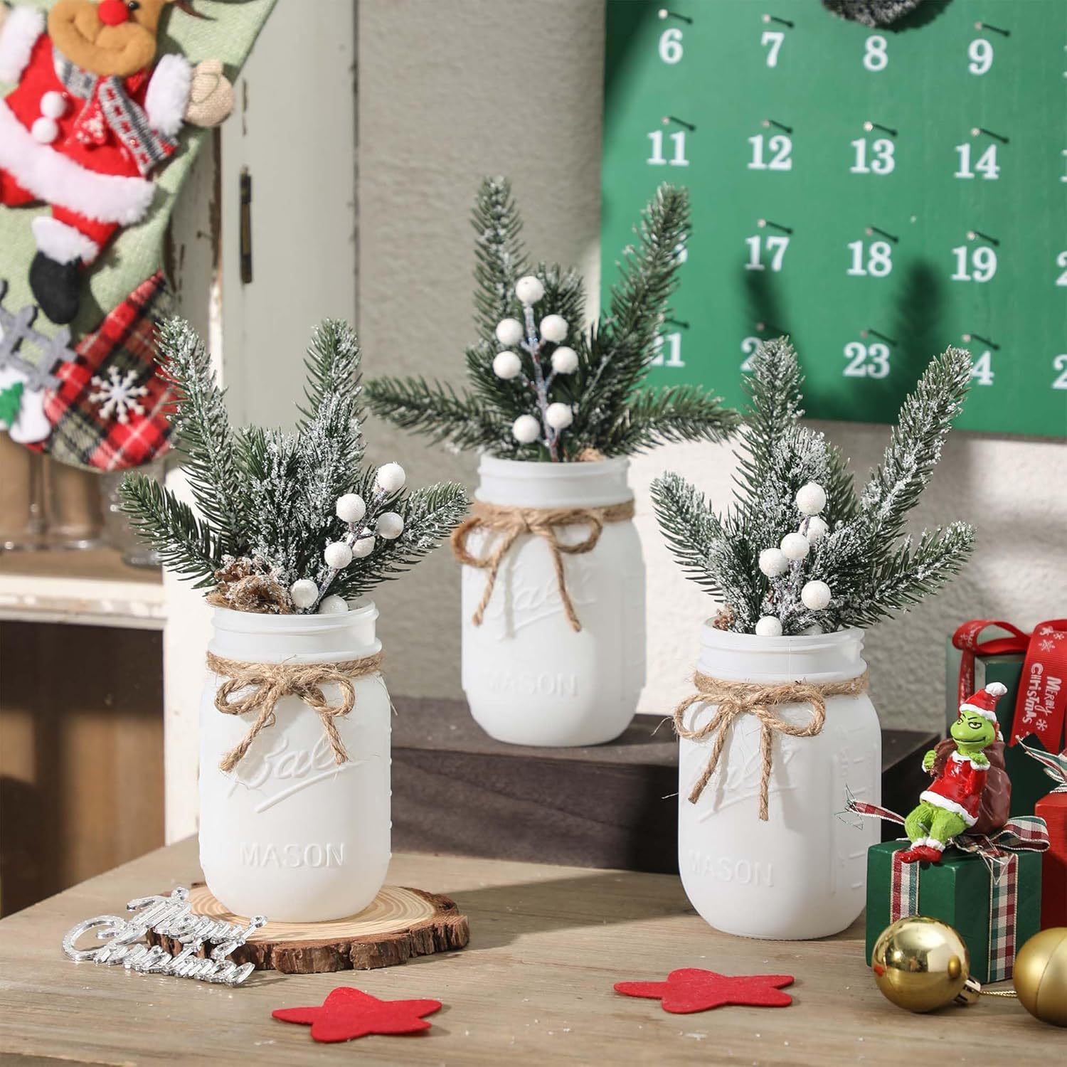 Supreme Lights Christmas Mason Jars - Winter White Decorative Centerpieces for Home Table Decor | Set of 3