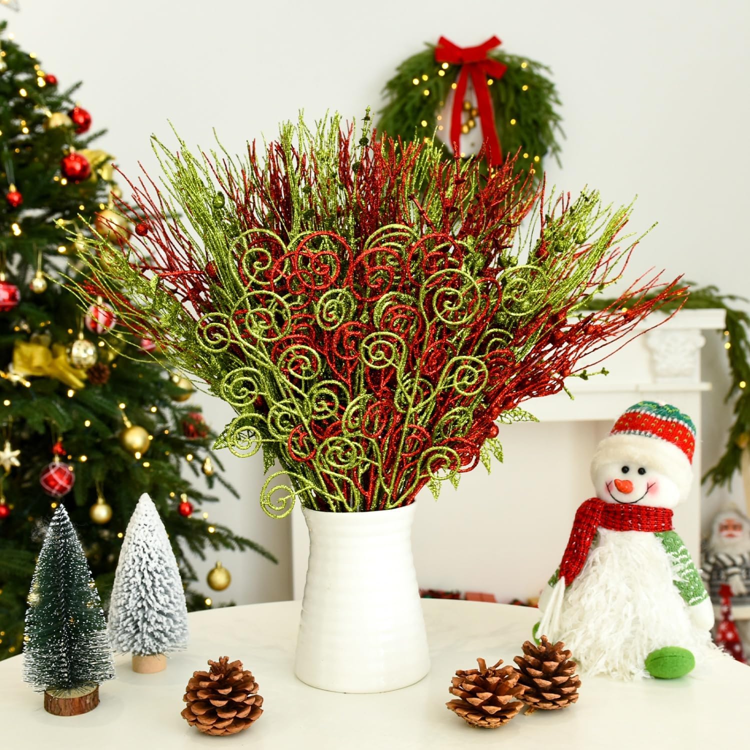 Skiennix 48-Pack Glitter Christmas Tree Picks - 17'' Red & Green Artificial Decorations for DIY Holiday Crafts