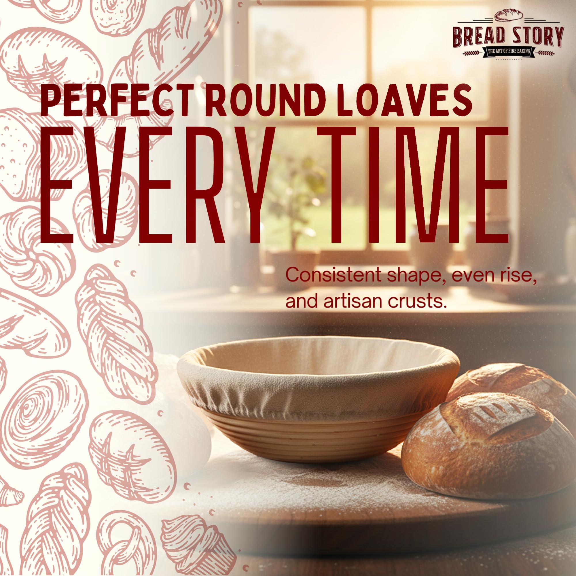 Bread Story Round Banneton Bread Proofing Basket Set – Handmade Rattan Brotform Dough Bowl with Cloth Liner, Sourdough Tools & Baking Supplies for Home Bakers – Baking Kit, 10 Inch