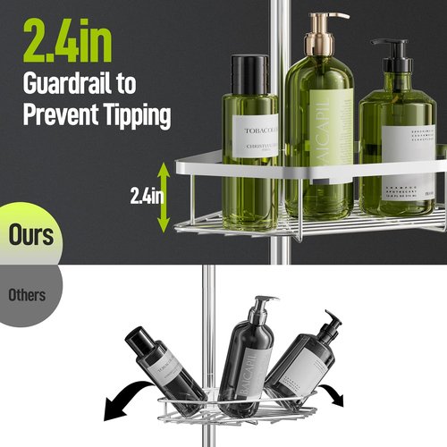 LAMU Shower Caddy - Stainless Steel Corner Tension Pole Organizer with Adjustable 4-Tier Baskets | Fits Heights 37.8-124 in