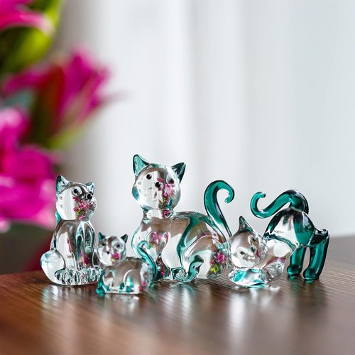 HDCRYSTALGIFTS Blown Glass Cat Figurines - 4 Emerald Green Collectible Kittens for Home Decor