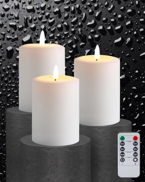 Gmnee Flameless Candles - Flickering LED Pillar Candles with Remote Timer | Set of 3 White Real Wax Decor