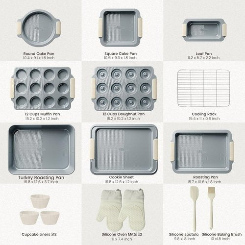 Kikcoin 25 PCS Non-Stick Baking Pans Set - Heavy-Duty Silicone Handle Cookie Sheets | Oven Safe to 450°F, Cream