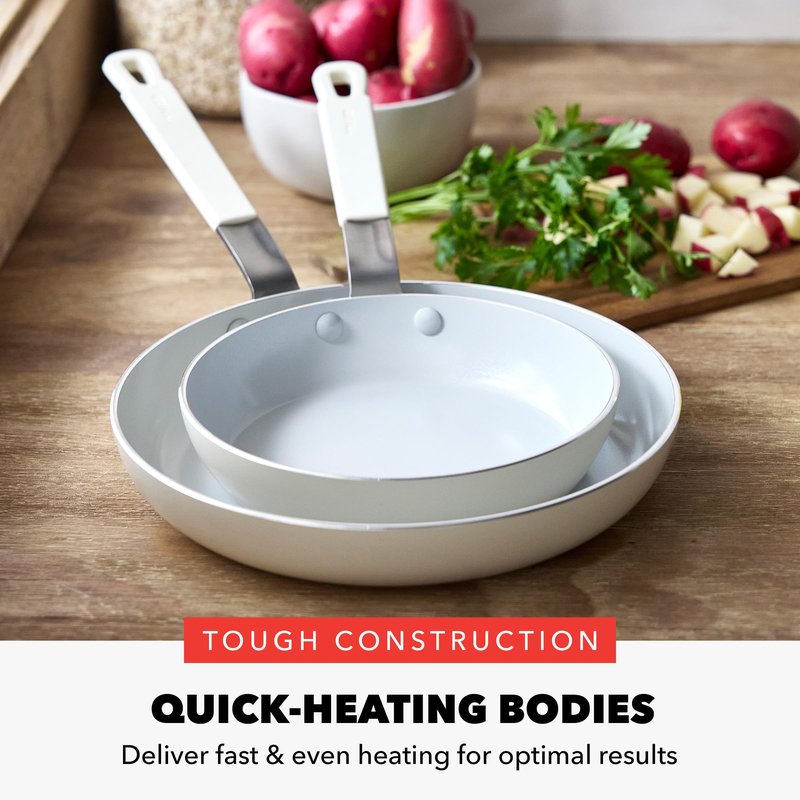GreenPan x Bobby Flay 2 Piece- 8” and 10” Nonstick Frying Pan Skillet Set, PFAS-Free Diamond Ceramic, Induction Suitable, Stay-Cool Silicone Handle, Easy Clean Dishwasher & Oven Safe, Cream