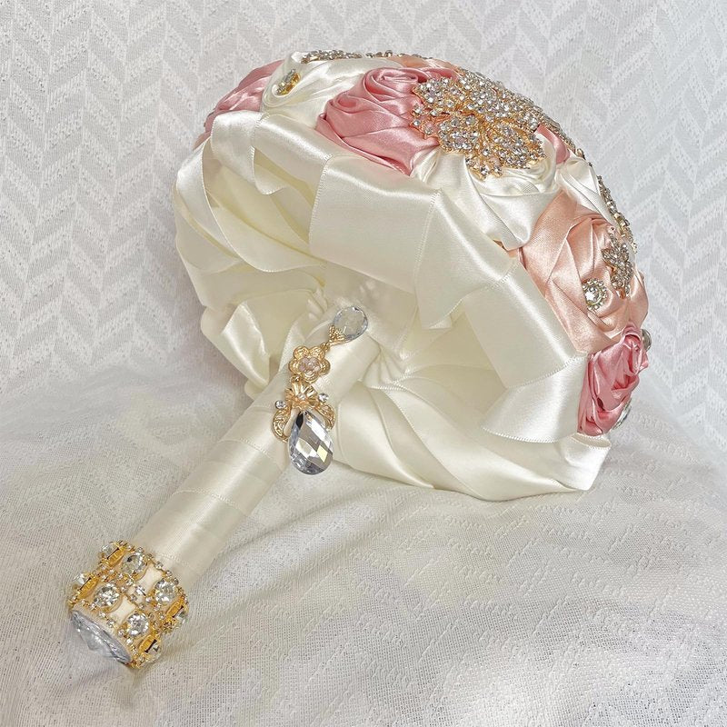 QingForBesty Handmade Satin Rose Floral Bling Pearl Decor Bridal Wedding Bouquet Rhinestone Pendant Artificial Brooch Flowers for Bride Bridesmaid Quinceanera