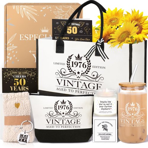 iAOVUEBY 50th Birthday Gifts for Women Her, Cool Gifts for 50 Year Old Woman, Fifty Birthday Canvas Tote Bag Glass Cup Candle Gift Basket Ideas Daughter Mom Sister Friend Wife Coworkers