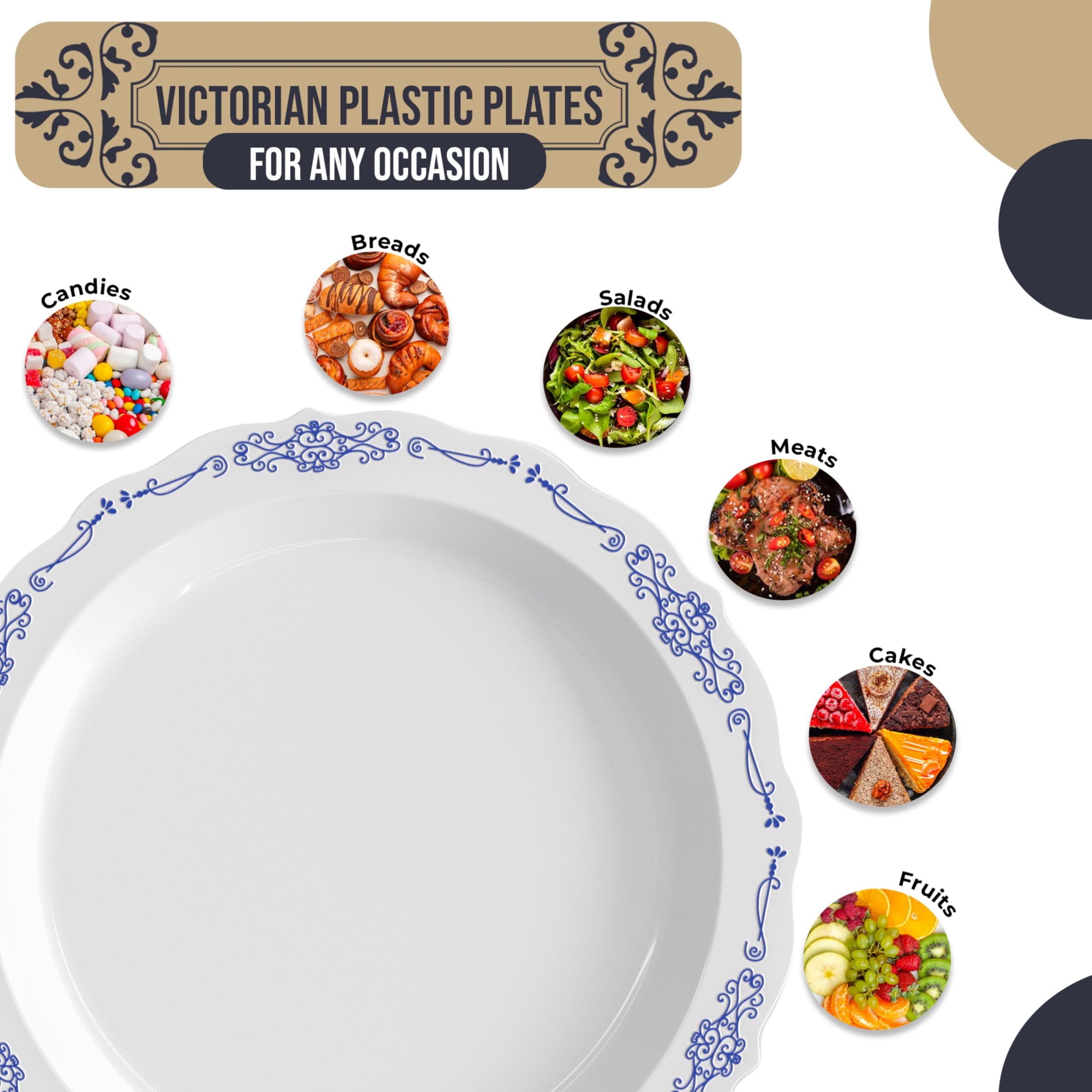 Exquisite Victorian Plastic Plates - 60 Piece Disposable Party Set for 60 Guests - 60 x 9 inch Dessert Plates - Heavy Duty White & Navy