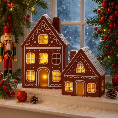 Funnymoom Lighted Ceramic Iced Gingerbread Houses - Pre-Lit LED Christmas Tabletop Decor | 2 Sets