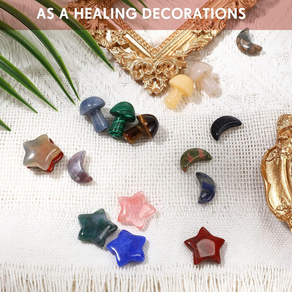 Nuenen 54-Piece Worry Stones Set - Mushroom, Moon & Star Shaped Crystal Sculptures for Meditation | Elegant Decor