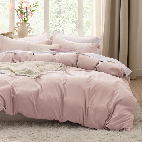 Bedsure Rose Pink Duvet Cover Set - Extra Soft Queen Size 3-Piece Bedding, 90x90 Inches with Zipper Closure & 2 Pillow Shams