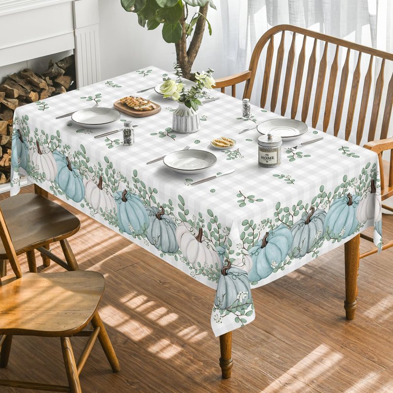 Horaldaily Fall Tablecloth 60x104 Inch Rectangular, Thanksgiving Autumn Harvest Blue Pumpkin Buffalo Plaid Table Cover for Party Picnic Dinner Decor