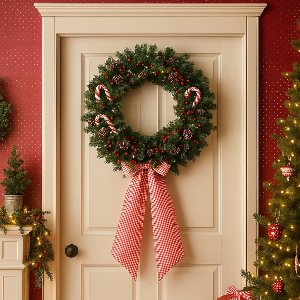 Skiennix Red White Gingham Wreath Sash - 5.12" Wide x 54.33" for Holiday Door Decor