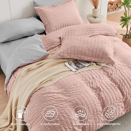 HYMOKEGE Queen Comforter Set - Luxurious 7-Piece Seersucker Bedding in Rose Gold & Light Grey