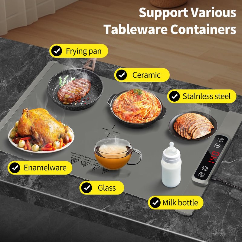 AIBOKEE Food Warming Mat, Silicone Electric Warming Tray, 5 Temperature Levels, 4 Hour Timer, Child Safety Lock, Gray