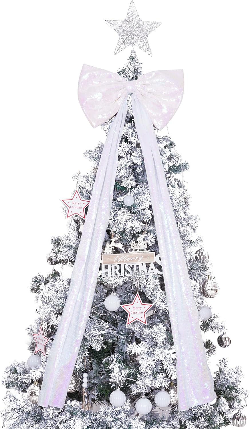PartyDelight Large Bow Decorations - Big White Iridescent Sequin Ribbon Tie | 16x47 Inches for Christmas Tree Topper & Party Decor
