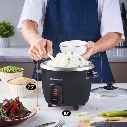 Elite Gourmet Electric Rice Cooker - Automatic Keep Warm Function, 6 Cups Cooked, Black