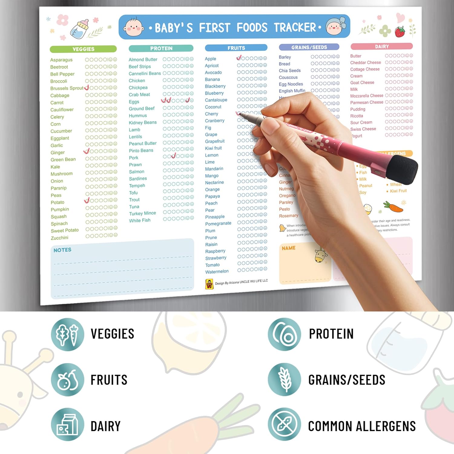 Uncle Wu First Foods Tracker Fridge Magnet - Dry Erase Baby Food Log & Activity Chart (10 x 14 Inch)