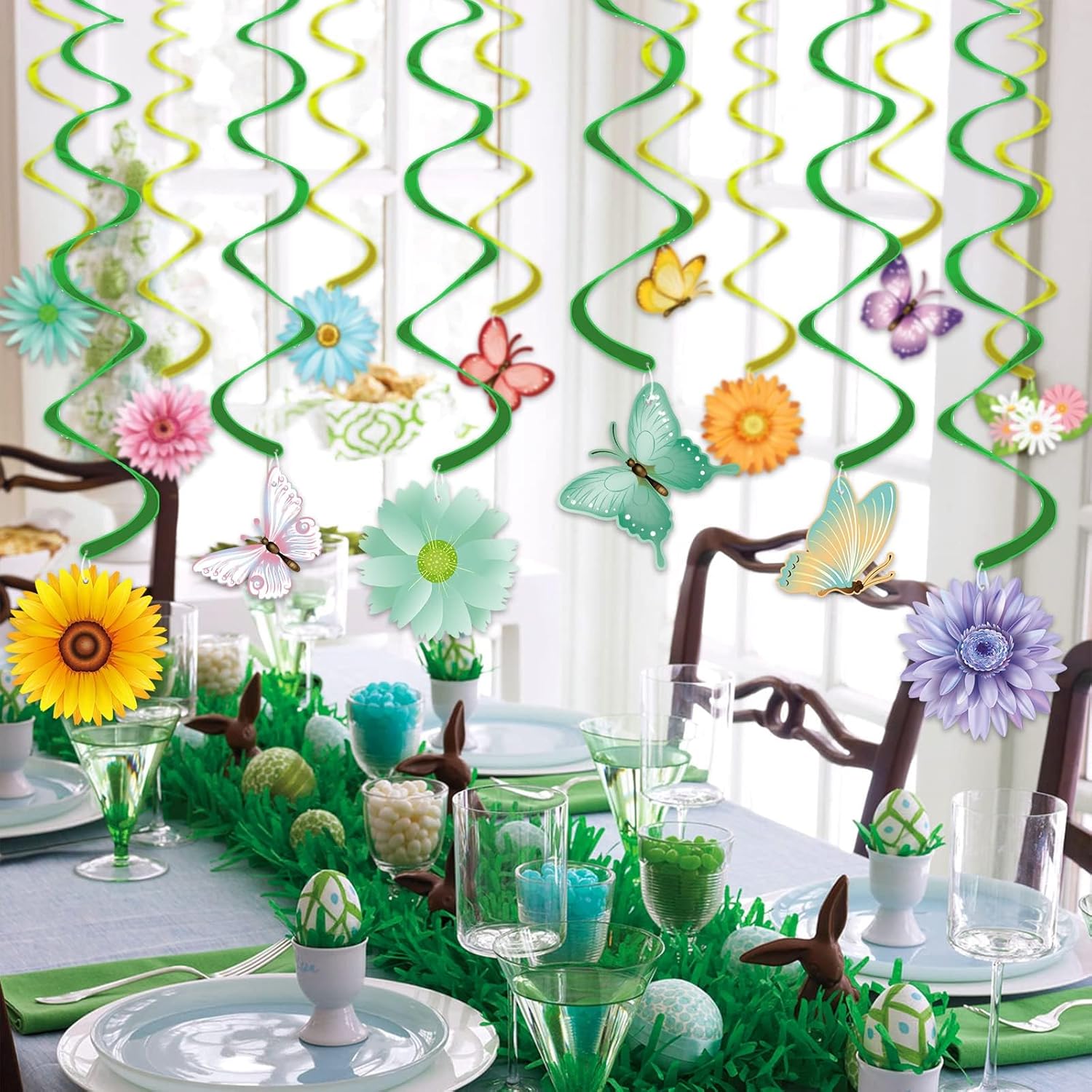Skiennix 33-Piece Spring Hanging Decorations | LED Flower & Butterfly Swirls for Easter Parties