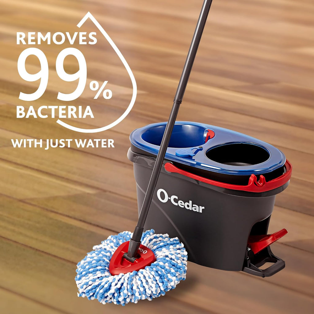 O-Cedar RinseClean Spin Mop & Bucket System - Includes 2 Extra Mop Heads | Cleans with Water & Eliminates 99% of Bacteria