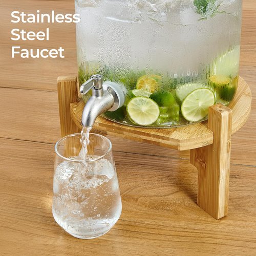 Beverage Dispenser 2.1 Gallon with Spigot Glass Water Dispenser for Parties, Bars, Restaurants (8L）with Wood Stand Drink Dispensers