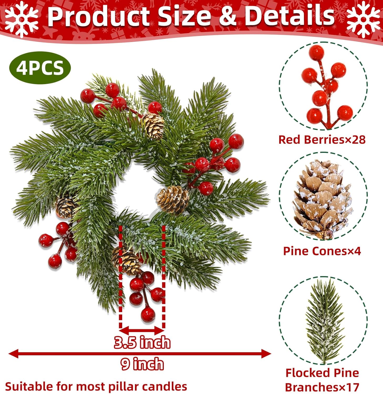 Skiennix 4 Pcs Christmas Candle Rings - Flocked Pine & Red Berry Decor for Holiday Centerpieces