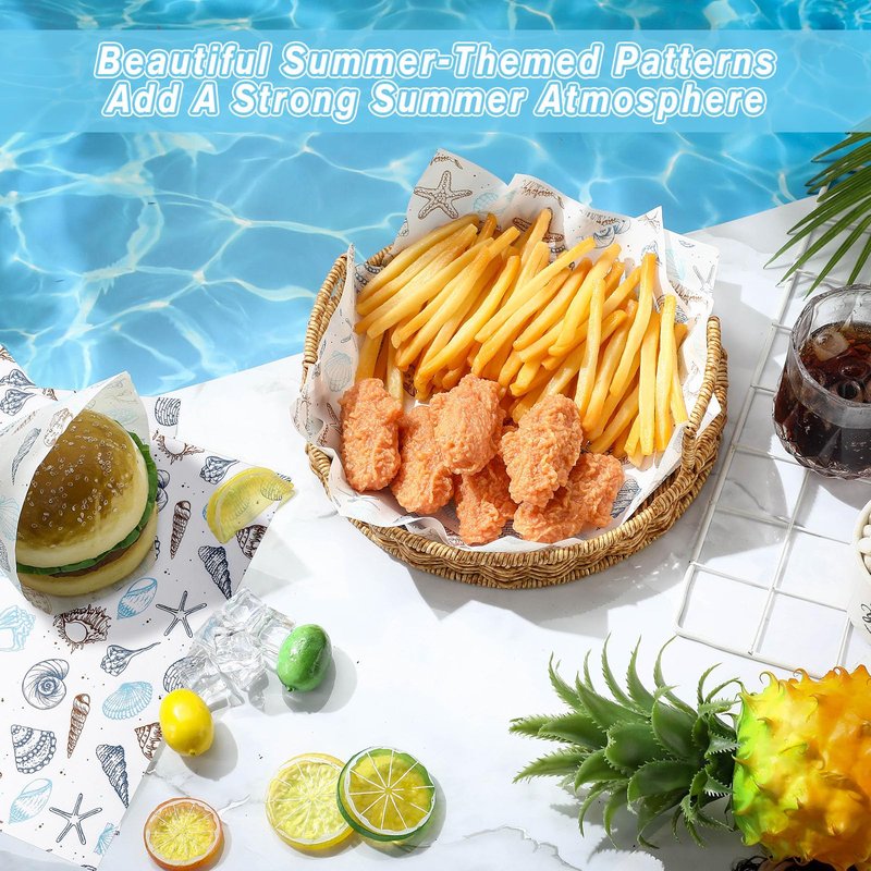 AmazingSpark 150 Pcs Deli Wax Paper Sheets for Food 8 x 10 Inch Greaseproof Waterproof Sandwich Wrapping Paper Basket Liner for Outdoor Picnic Beach Wedding Birthday Baby Shower (Seashell Starfish)