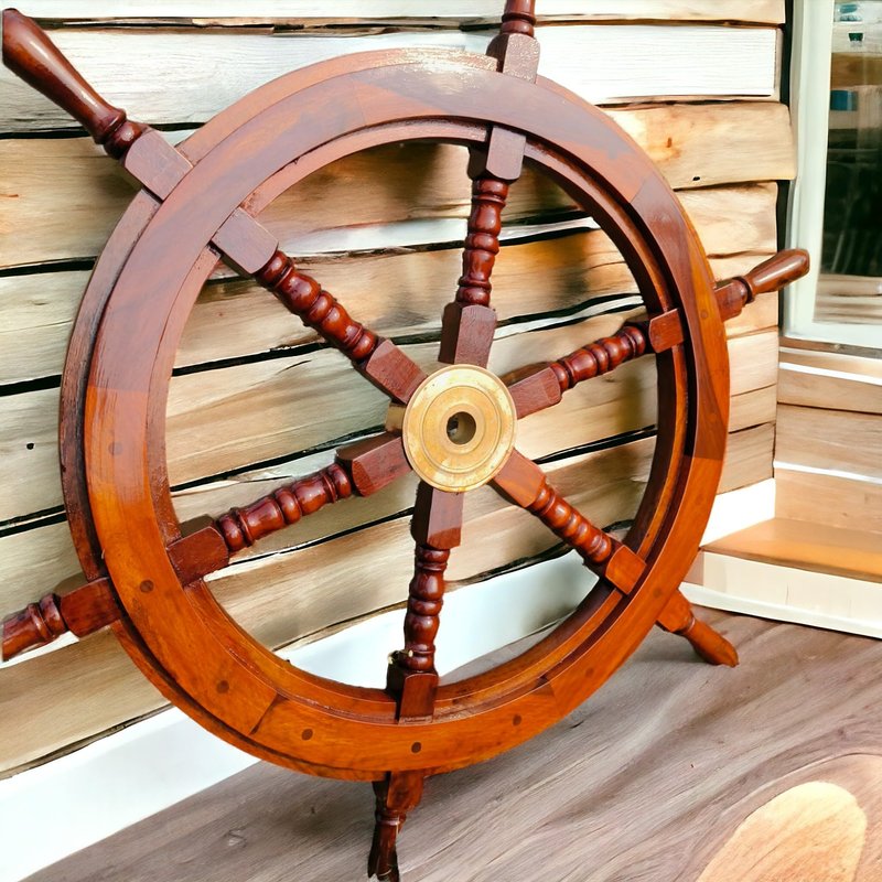 Bhartiya Handicrafts Nautical Ship Wheel for Wall Decor Rustic Wooden Pirate Boat Steering Wheel with Brass Hub – Handmade Captain’s Wheel for Nautical, Beach & Coastal Décor (18 Inch)