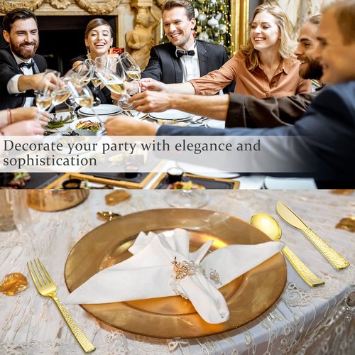 Zhehao 600 Pcs Plastic Gold Silverware Utensils Set Disposable Flatware Cutlery Bulk, Heavy Duty Utensils Include 200 Gold Forks 200 Plastic Spoon 200 Knives for Graduation Wedding Party