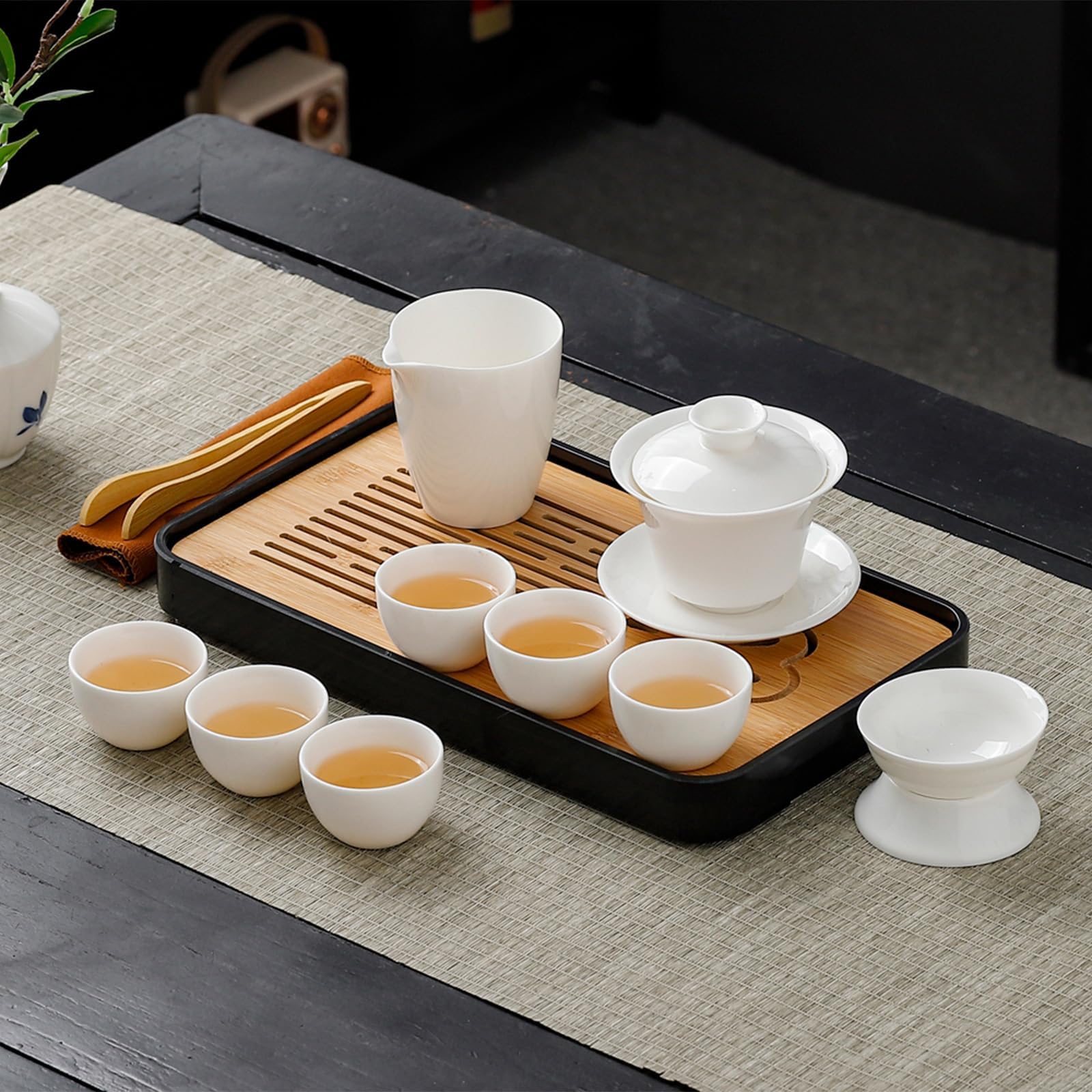 REOWONU Chinese Tea Set Traditional, Chinese Gongfu Tea Set for Adults, Gaiwan Tea Set with 6 Cups (Pure white 6cups)