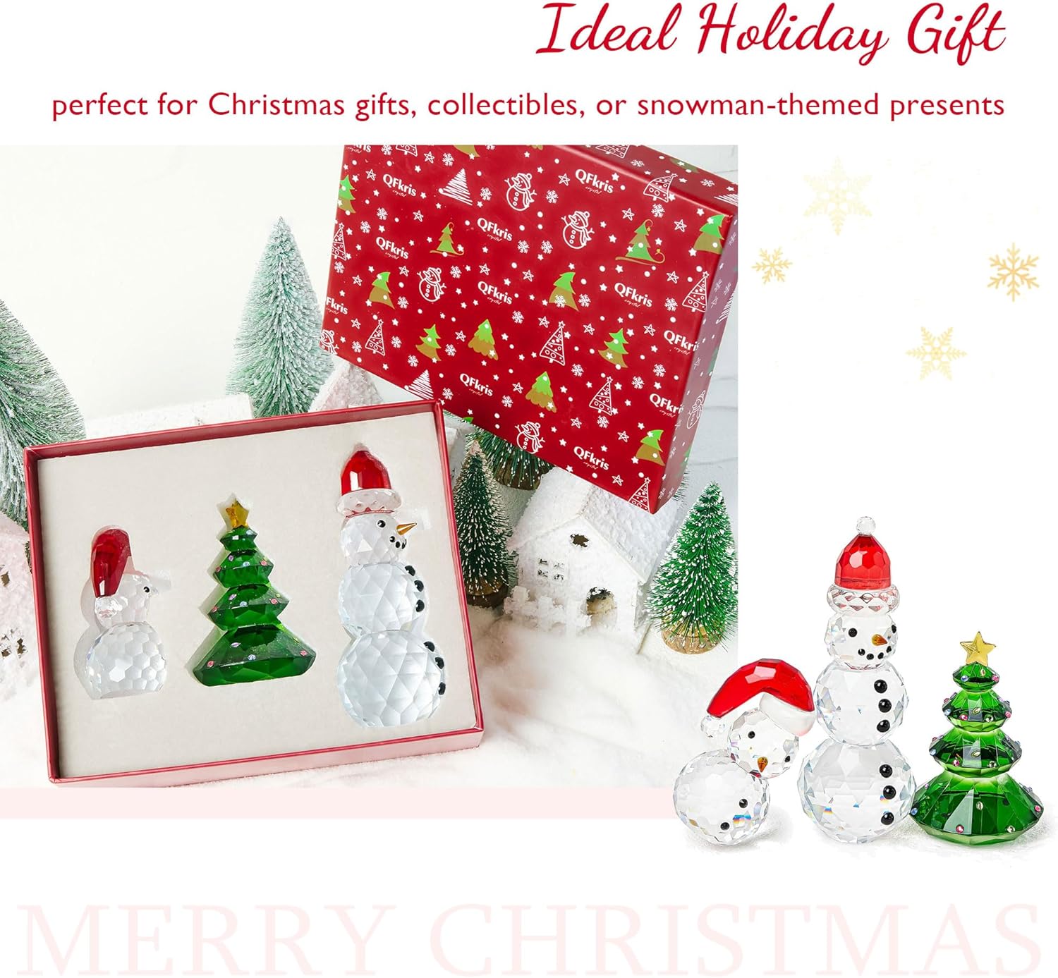 QFkris Crystal Snowman & Tree Figurines Set - Elegant Glass Christmas Decor | Small Size