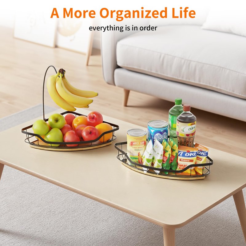 CACHOLIV Fruit Holder for Kitchen Countertop with Banana Hanger, Vegetable Basket with Bamboo Base for Kitchen Corner Storage, Black