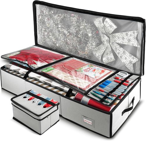 Hearth & Harbor Wrapping Paper Storage Container - Christmas Gift Wrap Organizer with Ribbon Dispenser | Holds 26 Rolls of 40" Length, Silver