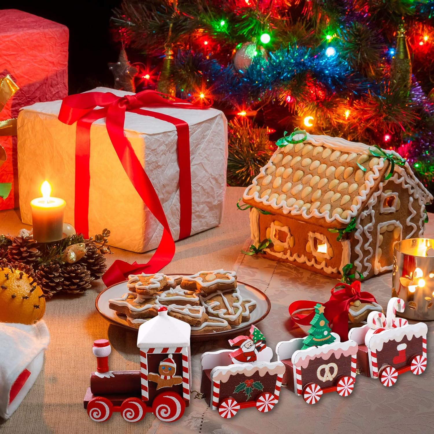 Yulejo Christmas Train | Painted Wooden Decoration for Mini Tree | Santa Claus Red Ornament