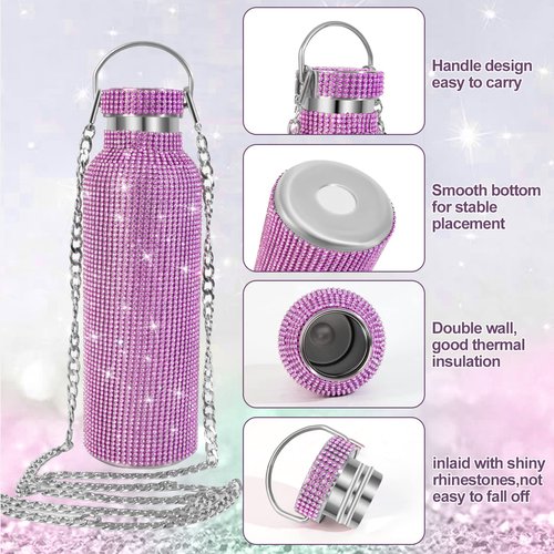 INSTOME Bling Water Bottle with Chain - 25 oz Sparkling Diamond Rhinestone Tumbler, Glittering Reusable Cup for Women Girl