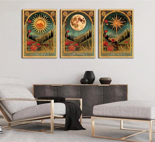3 Pcs Tarot Canvas Wall Art Sun Moon and Star Mystical Astrology Celestial Paintings Pictures Wall Decor Poster Print Artwork for Bedroom Living Room Dorm Home Decoration