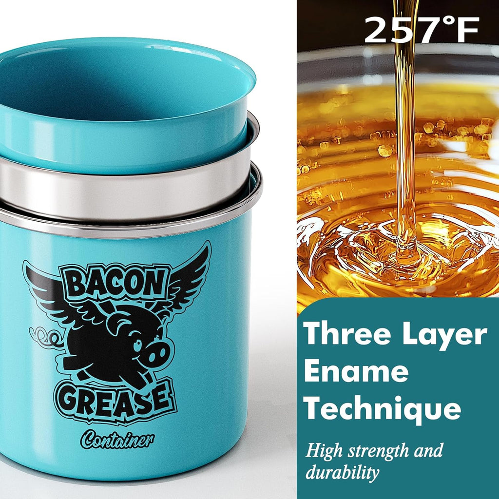 PGYARD Mini Bacon Grease Container - 15oz Farmhouse Enamel Grease Saver in Light Blue