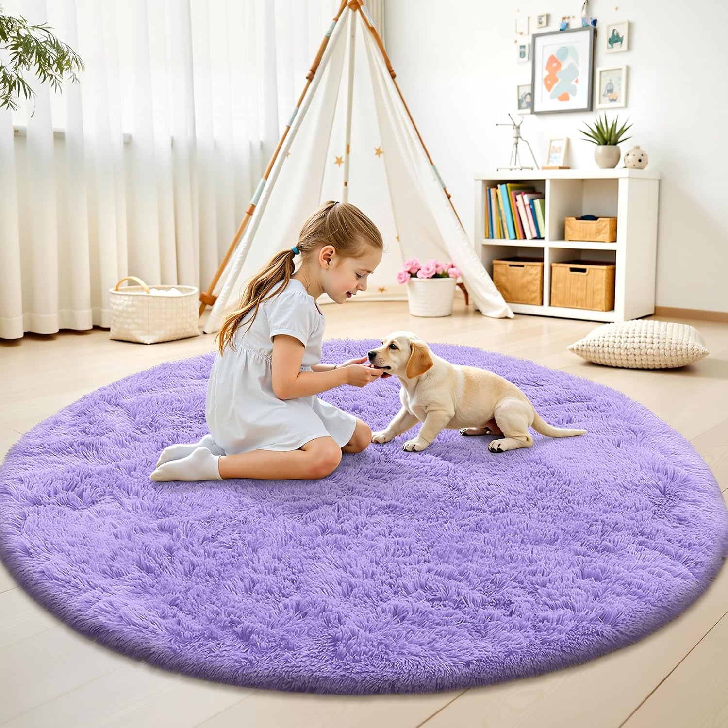 OLANLY Round Light Purple Area Rug - Soft, Fluffy, Machine Washable 6 ft Circle Carpet for Bedrooms & Nurseries