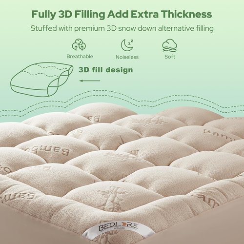 BEDLORE Twin Mattress Topper - Soft Bamboo Viscose Pillow Top for Back Pain Relief | Fits 6"-15" Mattresses - Beige