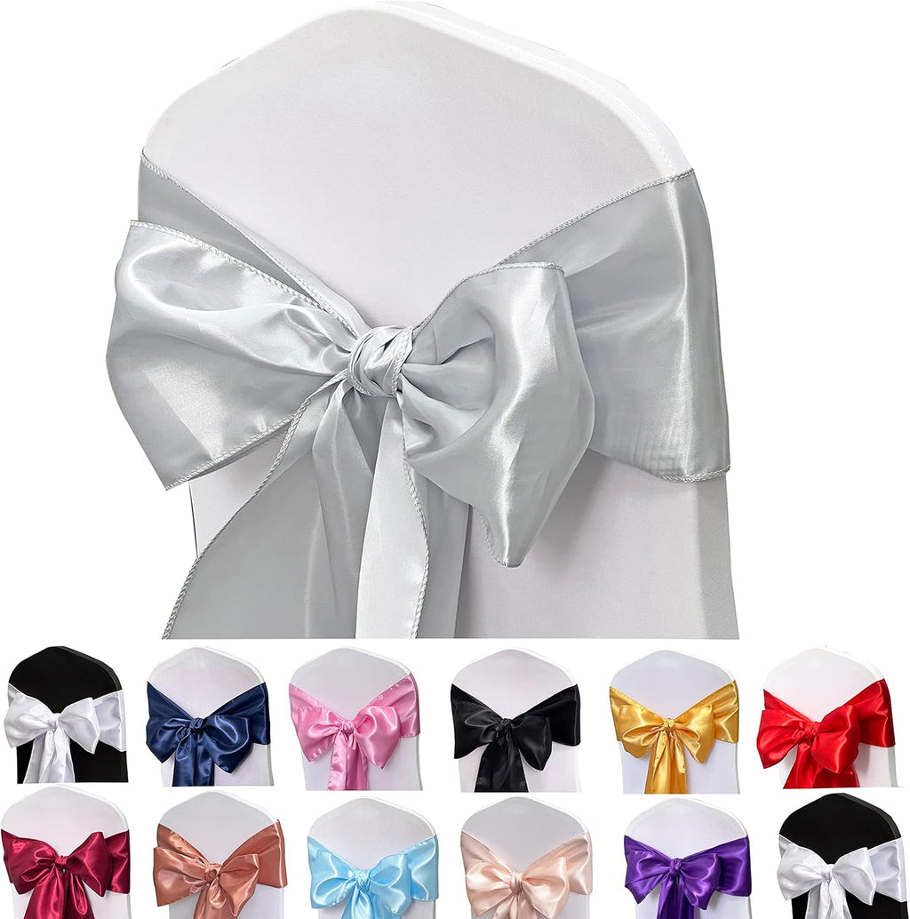 Skiennix Satin Chair Sashes - 50PCS Elegant Ribbon Ties for Wedding & Party Decor | Silver