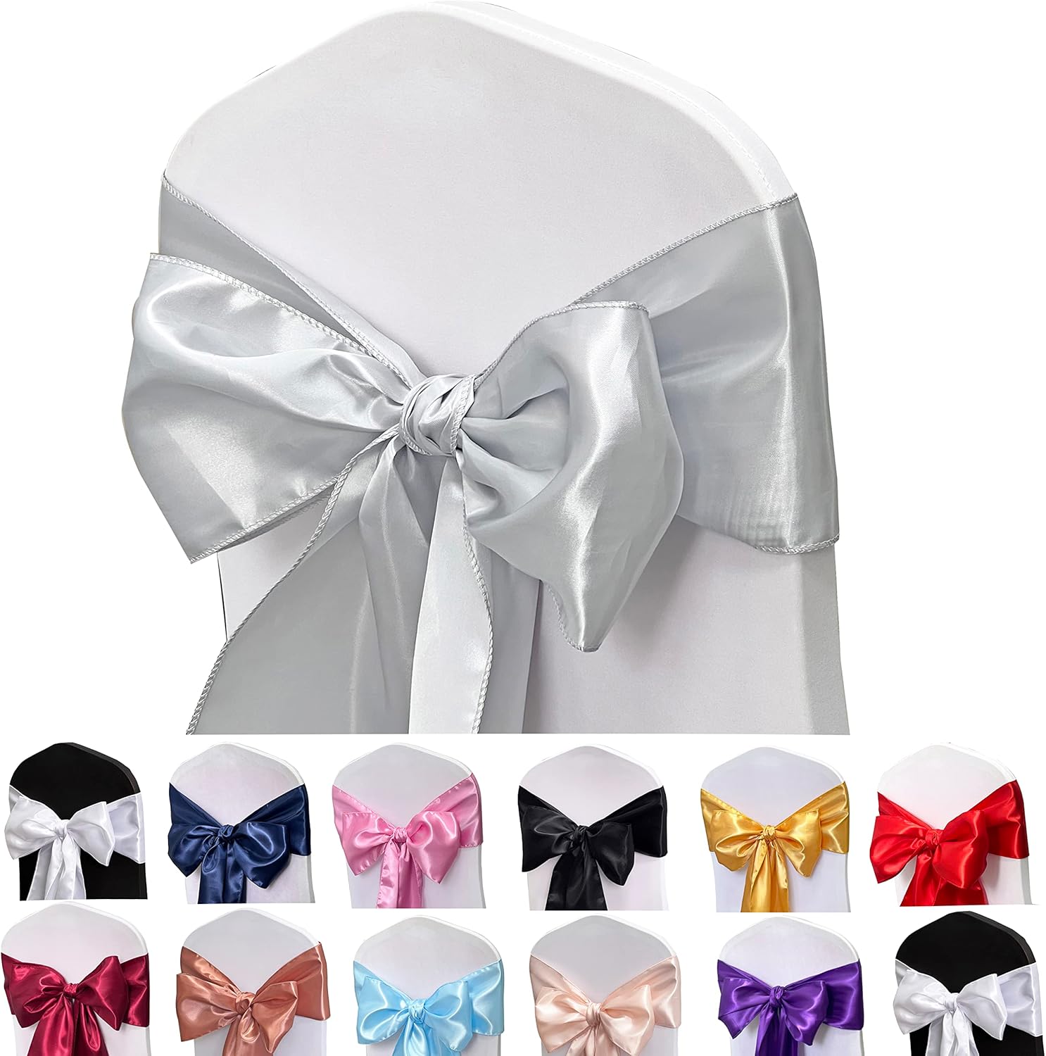 Skiennix Satin Chair Sashes - 50PCS Elegant Ribbon Ties for Wedding & Party Decor | Silver