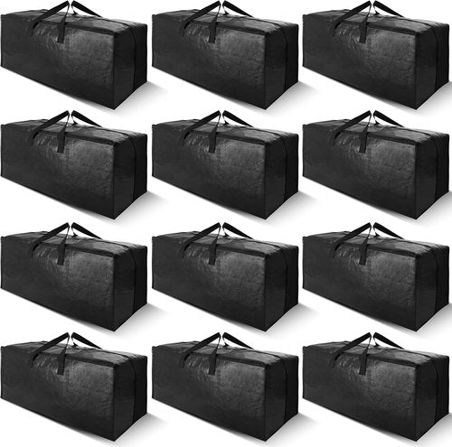 Cosy Family 12 Pack Heavy Duty Moving Bags - Durable Storage Totes with Backpack Straps | X-Large, Black