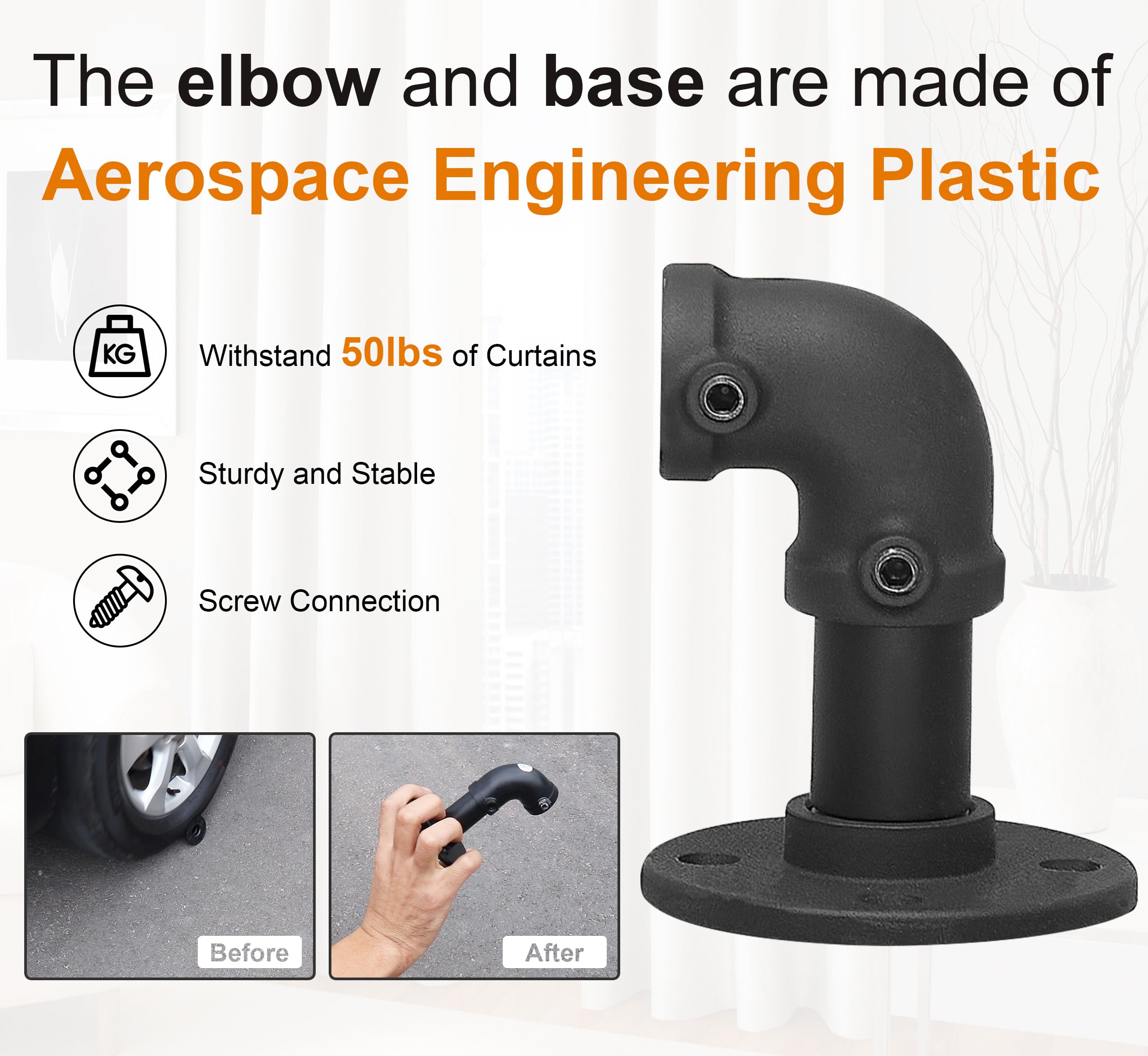 Qouara Curtain Rods for Windows 66 to 144, Black Adjustable Curtain Rods Set of 2, Blackout Wrap Around Curtain Rod, Heavy Duty Industrial Curtain Rod, 1 Inch Outdoor/Indoor Drapery Rod 66-144"