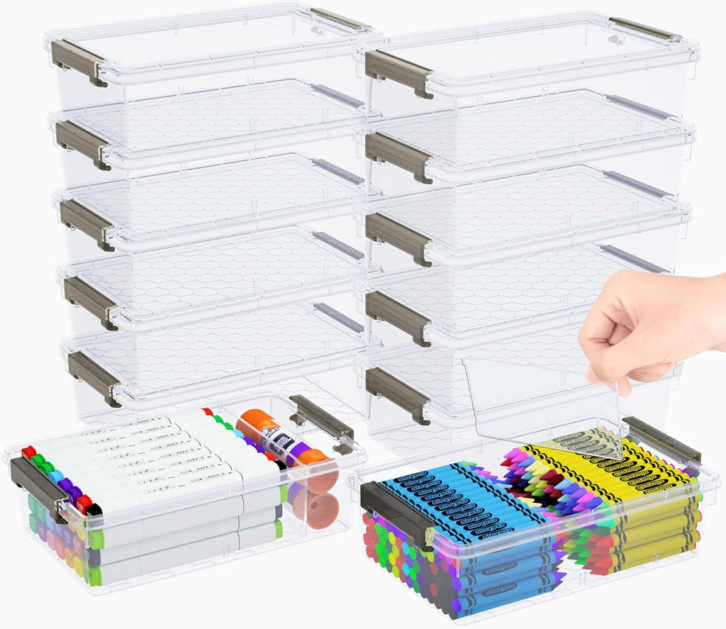 Skiennix Extra Large Pencil Box - Removable Divider & Stackable Design | 12 Pack Grey Storage Containers