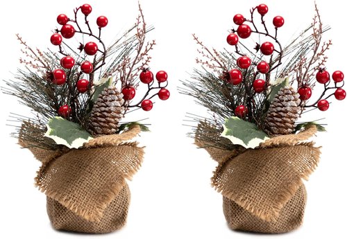 LOHASBEE Mini Christmas Tree - 10-Inch Portable Tabletop Decor with Red Berries | 2-Pack for Holiday Cheer